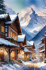 Printable Snow-Capped Mountain Village with Falling Snowflakes Art