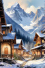 Printable Snow-Capped Mountain Village with Falling Snowflakes Art