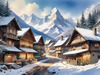 Printable Snow-Capped Mountain Village with Falling Snowflakes Art