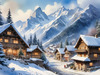 Printable Snow-Capped Mountain Village with Falling Snowflakes Art