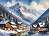 Printable Snow-Capped Mountain Village with Falling Snowflakes Art