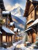Printable Snow-Capped Mountain Village with Falling Snowflakes Art