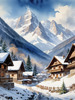 Printable Snow-Capped Mountain Village with Falling Snowflakes Art