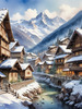Printable Snow-Capped Mountain Village with Falling Snowflakes Art
