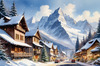 Printable Snow-Capped Mountain Village with Falling Snowflakes Art