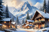 Printable Snow-Capped Mountain Village with Falling Snowflakes Art