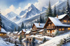 Printable Snow-Capped Mountain Village with Falling Snowflakes Art