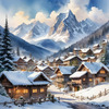 Printable Snow-Capped Mountain Village with Falling Snowflakes Art