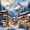 Printable Snow-Capped Mountain Village with Falling Snowflakes Art