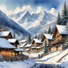 Printable Snow-Capped Mountain Village with Falling Snowflakes Art