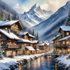 Printable Snow-Capped Mountain Village with Falling Snowflakes Art