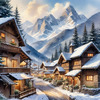 Printable Snow-Capped Mountain Village with Falling Snowflakes Art