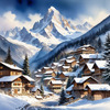 Printable Snow-Capped Mountain Village with Falling Snowflakes Art