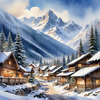 Printable Snow-Capped Mountain Village with Falling Snowflakes Art