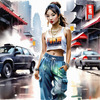 Streetwise Hip Hopper Girl with Attitude in Urban Cityscape - Figurative Portrait Art Print