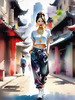 Streetwise Hip Hopper Girl with Attitude in Urban Cityscape - Figurative Portrait Art Print