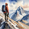 Printable Art of Climber on Mountain Summit with Landscape Below
