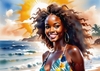 Sun-Kissed Girl with Sunny Smile in Beachwear against Ocean Waves and Blue Sky Art Print