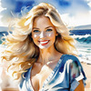 Sun-Kissed Girl with Sunny Smile in Beachwear against Ocean Waves and Blue Sky Art Print