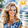 Sun-Kissed Girl with Sunny Smile in Beachwear against Ocean Waves and Blue Sky Art Print