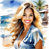 Sun-Kissed Girl with Sunny Smile in Beachwear against Ocean Waves and Blue Sky Art Print