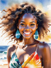 Sun-Kissed Girl with Sunny Smile in Beachwear against Ocean Waves and Blue Sky Art Print