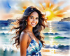Sun-Kissed Girl with Sunny Smile in Beachwear against Ocean Waves and Blue Sky Art Print