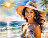 Sun-Kissed Girl with Sunny Smile in Beachwear against Ocean Waves and Blue Sky Art Print