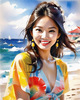 Sun-Kissed Girl with Sunny Smile in Beachwear against Ocean Waves and Blue Sky Art Print