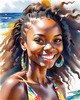 Sun-Kissed Girl with Sunny Smile in Beachwear against Ocean Waves and Blue Sky Art Print