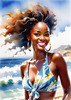 Sun-Kissed Girl with Sunny Smile in Beachwear against Ocean Waves and Blue Sky Art Print