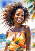 Sun-Kissed Girl with Sunny Smile in Beachwear against Ocean Waves and Blue Sky Art Print