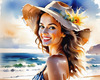 Sun-Kissed Girl with Sunny Smile in Beachwear against Ocean Waves and Blue Sky Art Print