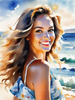Sun-Kissed Girl with Sunny Smile in Beachwear against Ocean Waves and Blue Sky Art Print