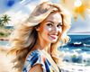 Sun-Kissed Girl with Sunny Smile in Beachwear against Ocean Waves and Blue Sky Art Print