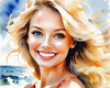 Sun-Kissed Girl with Sunny Smile in Beachwear against Ocean Waves and Blue Sky Art Print
