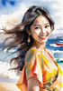 Sun-Kissed Girl with Sunny Smile in Beachwear against Ocean Waves and Blue Sky Art Print