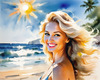 Sun-Kissed Girl with Sunny Smile in Beachwear against Ocean Waves and Blue Sky Art Print