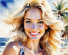 Sun-Kissed Girl with Sunny Smile in Beachwear against Ocean Waves and Blue Sky Art Print