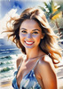 Sun-Kissed Girl with Sunny Smile in Beachwear against Ocean Waves and Blue Sky Art Print