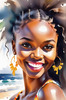 Sun-Kissed Girl with Sunny Smile in Beachwear against Ocean Waves and Blue Sky Art Print
