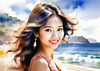 Sun-Kissed Girl with Sunny Smile in Beachwear against Ocean Waves and Blue Sky Art Print