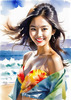Sun-Kissed Girl with Sunny Smile in Beachwear against Ocean Waves and Blue Sky Art Print