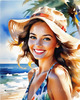 Sun-Kissed Girl with Sunny Smile in Beachwear against Ocean Waves and Blue Sky Art Print