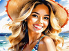 Sun-Kissed Girl with Sunny Smile in Beachwear against Ocean Waves and Blue Sky Art Print