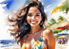 Sun-Kissed Girl with Sunny Smile in Beachwear against Ocean Waves and Blue Sky Art Print