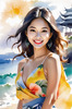 Sun-Kissed Girl with Sunny Smile in Beachwear against Ocean Waves and Blue Sky Art Print