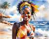 Sun-Kissed Girl with Sunny Smile in Beachwear against Ocean Waves and Blue Sky Art Print