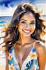 Sun-Kissed Girl with Sunny Smile in Beachwear against Ocean Waves and Blue Sky Art Print