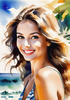 Sun-Kissed Girl with Sunny Smile in Beachwear against Ocean Waves and Blue Sky Art Print